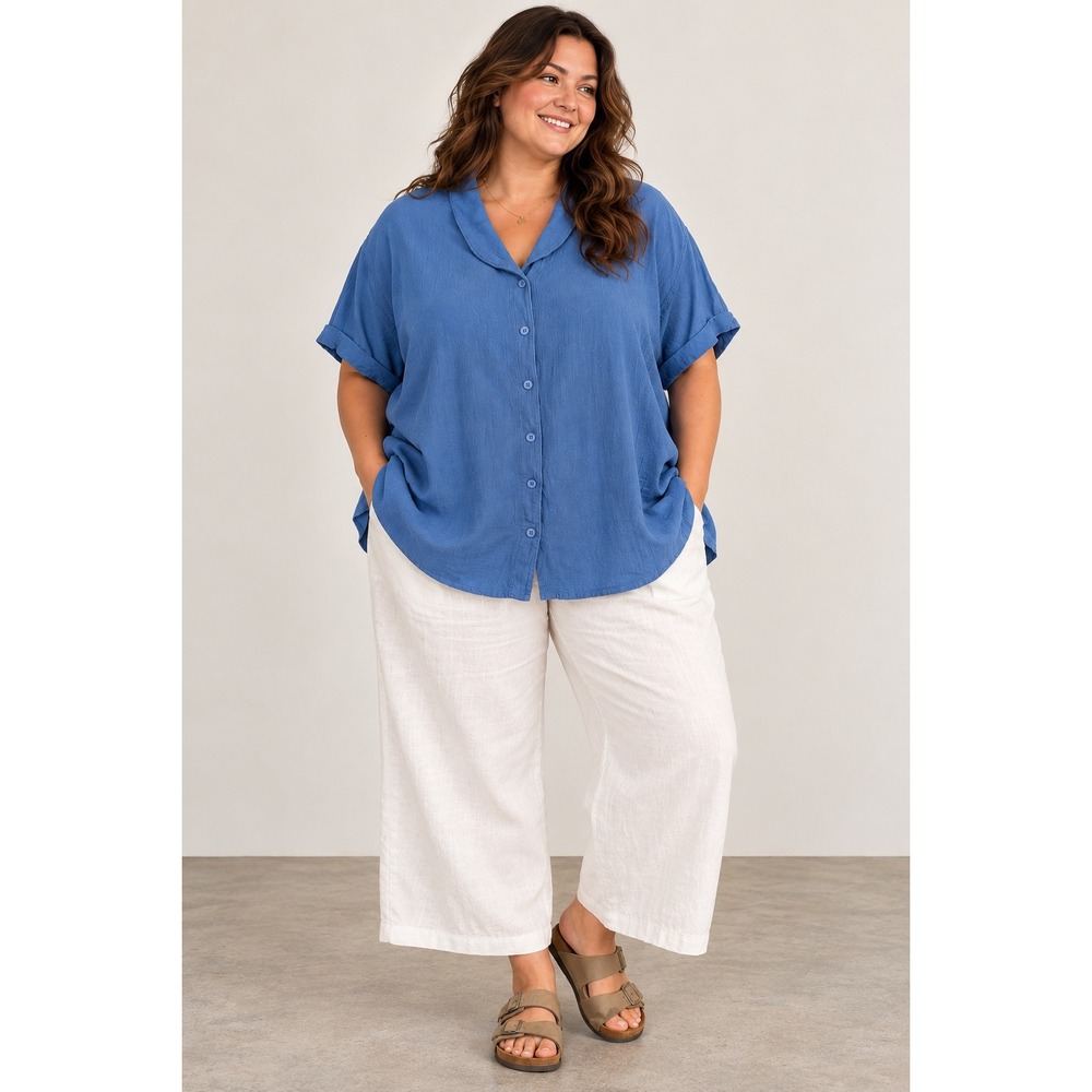 MiB Plus Size Women 7X Blue 100% Cotton Short Sleeve Button Up Shirt 19120